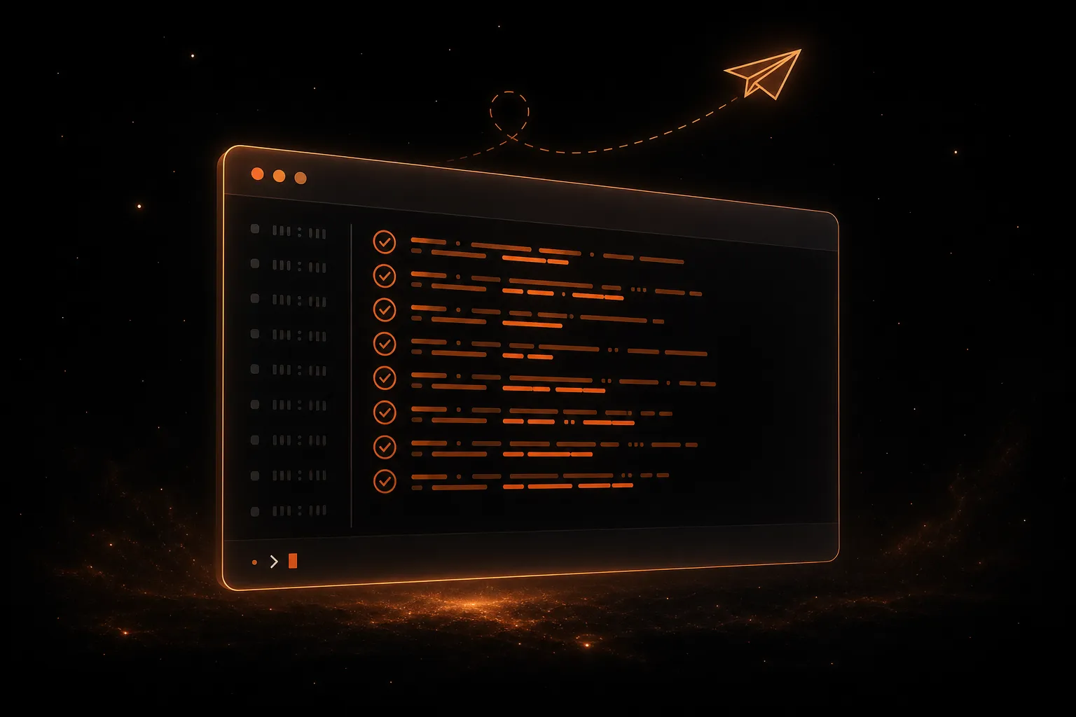 A glowing terminal showing a command-line build session with orange log lines and a paper airplane trail