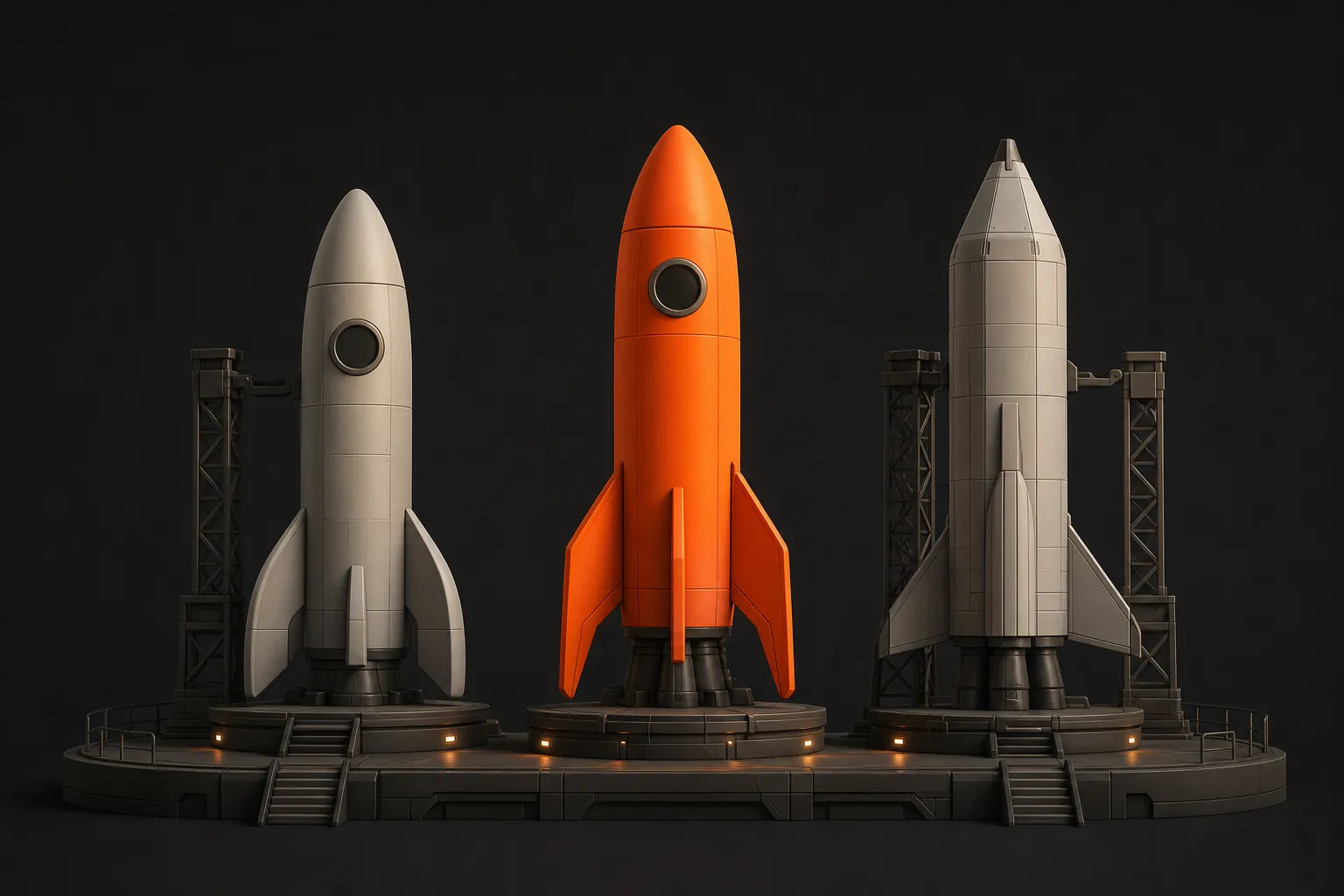Three rocket ships side-by-side on launchpads, one in warm orange and two in muted gray