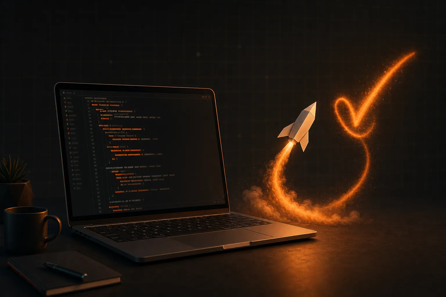 A laptop showing a code editor with a paper rocket lifting off in a checkmark trail