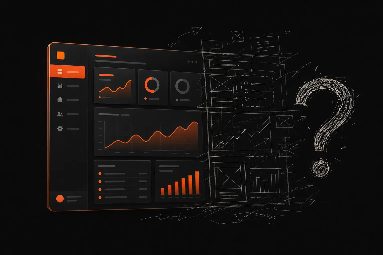 A half-built dashboard wireframe — one corner drawn in orange, the rest dissolving into scribbles and a question mark