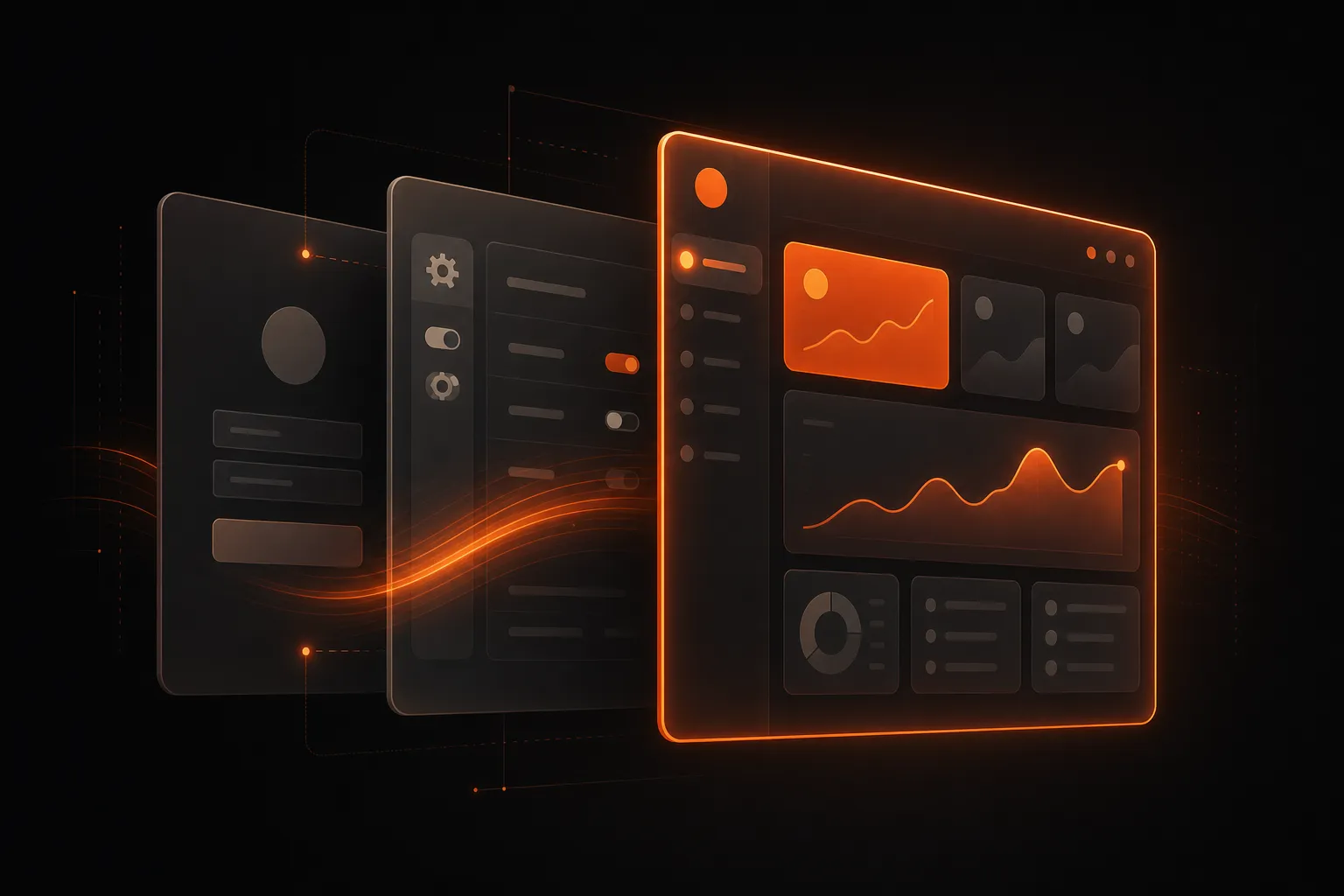 A stack of three UI cards assembling into a SaaS product, with the leading card glowing warm orange